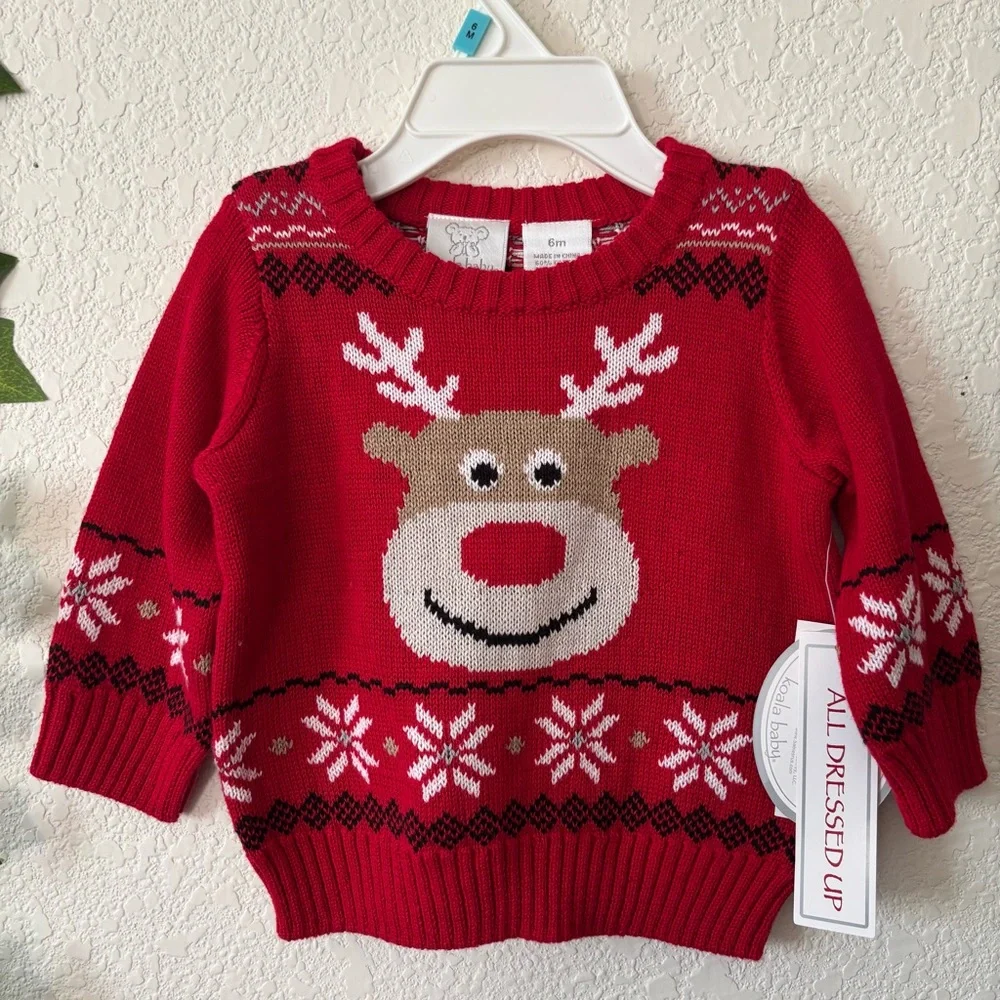 Koala Baby Red Christmas Holiday Reindeer Fair Isle Knit Sweater Size 6 Months